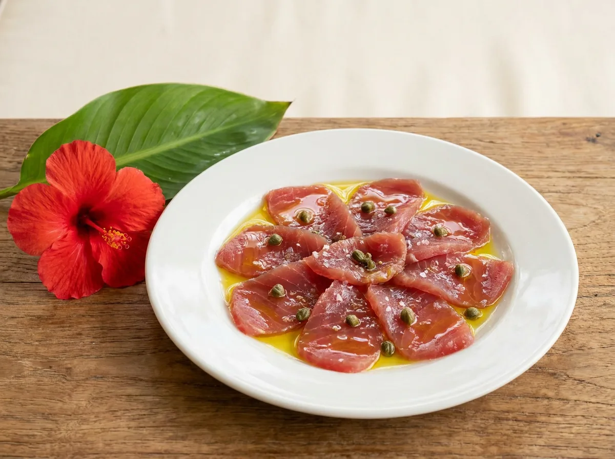 Carpaccio de thon frais, huile d'olive et câpres