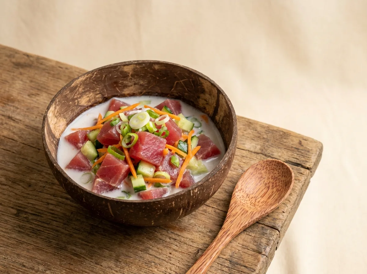 Poisson cru au lait de coco — thon frais, concombre, carotte, oignon vert