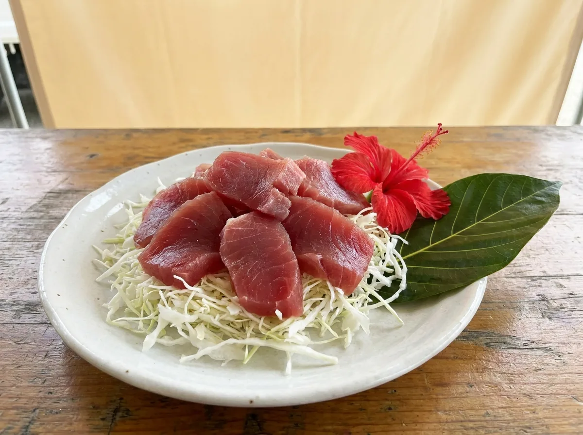 Sashimi de thon frais tranché sur chou blanc